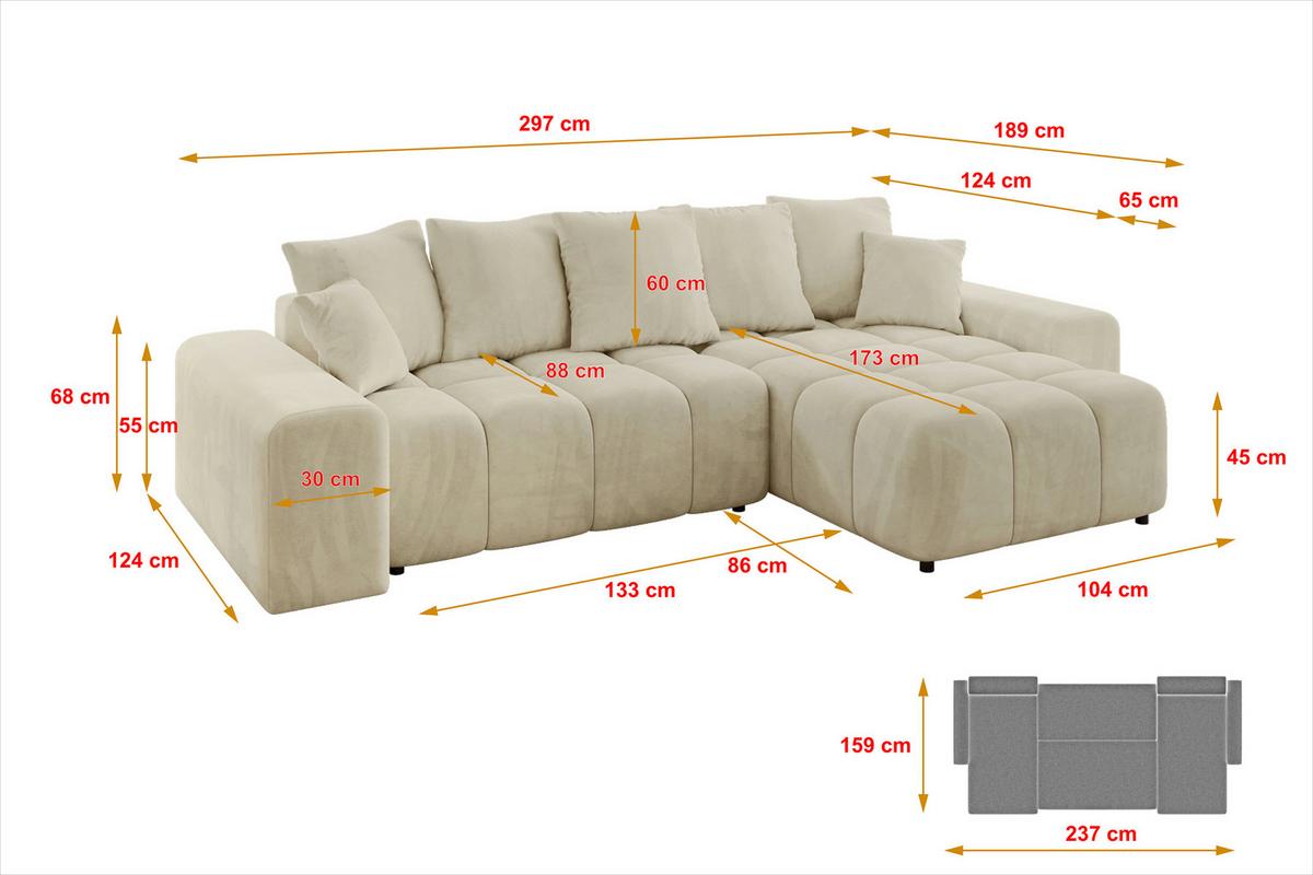 ECKSOFA Ottomane rechts ENIL-L 297x189x68 Beige Velours - Taupe, Holzwerkstoff/Kunststoff (189/297cm) - ALTDECOR