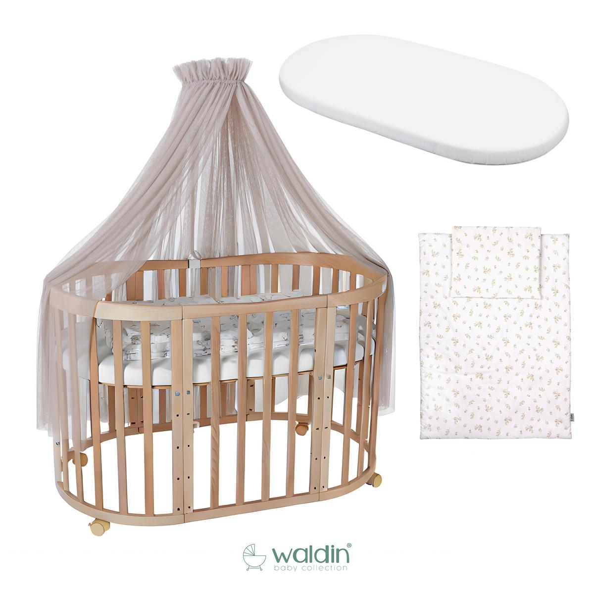 BABYBETT NATUR OVAL 7in1 mit Matratze und Himmelset - Taupe/Naturfarben, Holz/Textil (73/125cm) - waldin