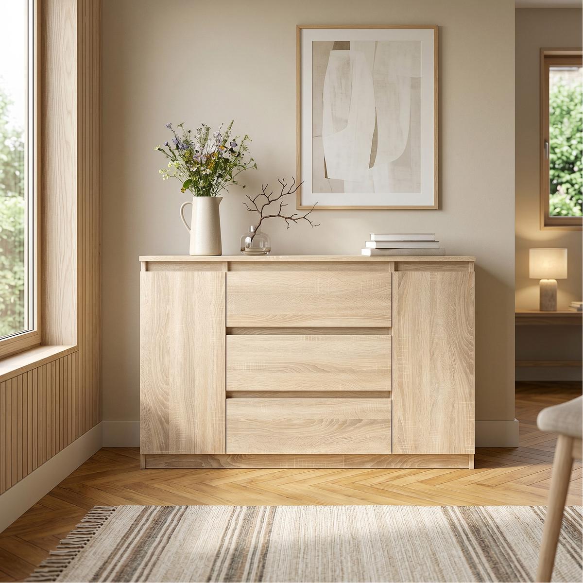 KOMMODE NUDO 120/78,5/39cm mit 3 Schubladen 2 Türen Sonoma Eiche - Sonoma Eiche, Holzwerkstoff (120/78.5/39cm) - MASSENO