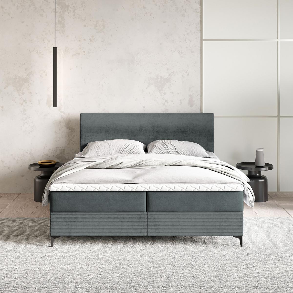 BOXBETT TORREL 180x200 cm mit Matratze und Topper - Grau - Grau, Holz (180/200cm) - MASSENO