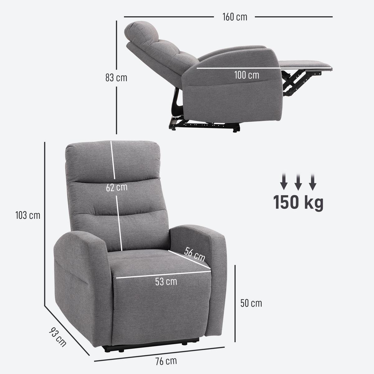 RELAXSESSEL, Fernsehsessel mit Liegefunktion, Gepolstert TV-Sessel mit Fußteil - Dunkelgrau, Kunststoff (76/103/93cm) - HOMCOM