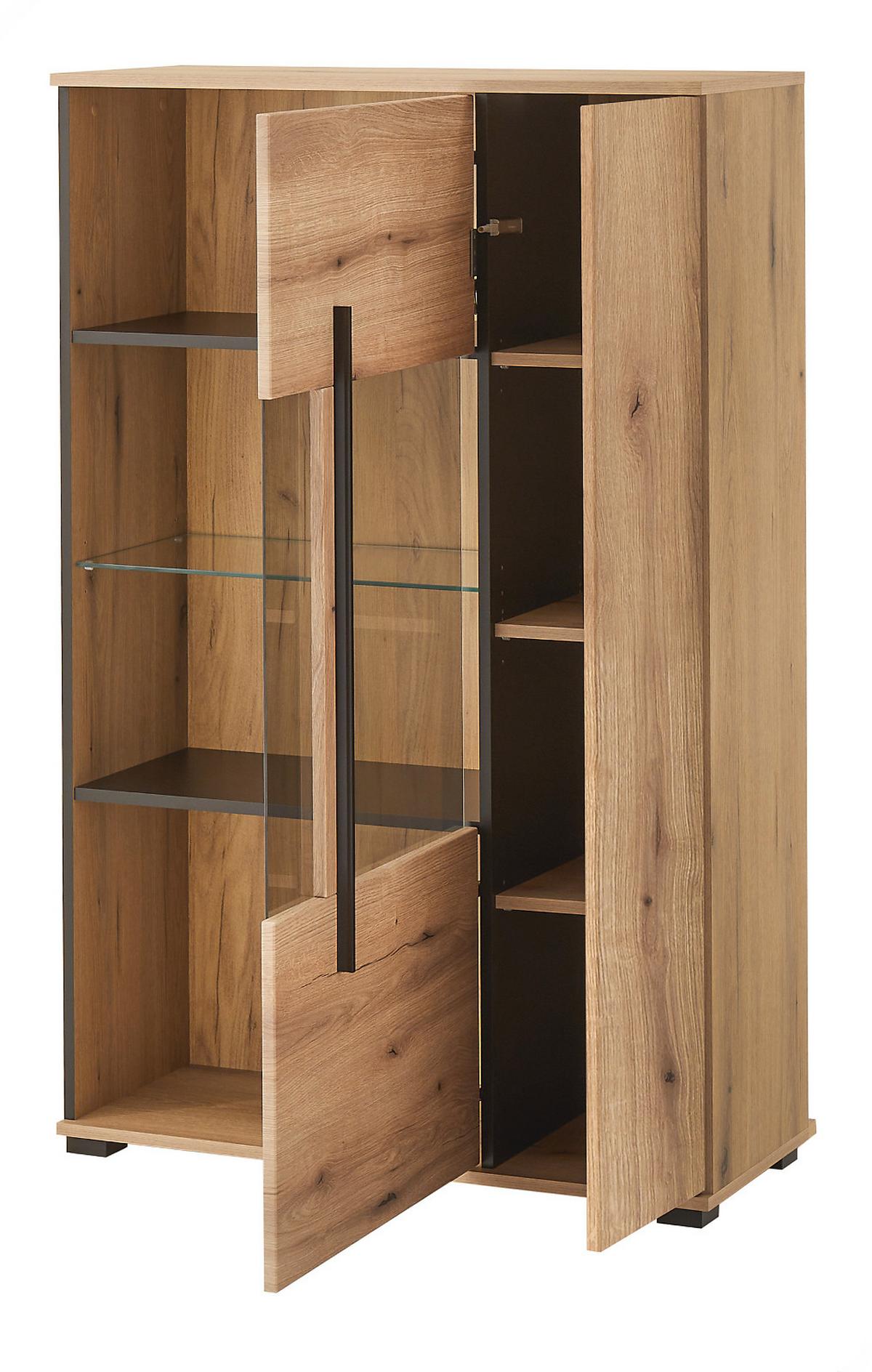 HIGHBOARD Eiche Evoke, Vitrine 90 x 140 cm mit LED Beleuchtung - Eichefarben/Schwarz, Glas/Holzwerkstoff (90/140/37cm) - Furn.Design