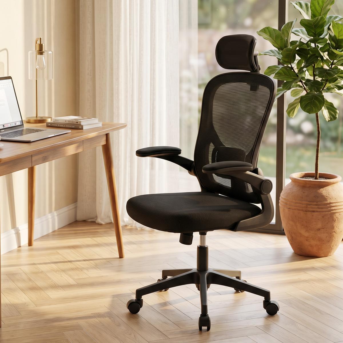 BÜROSTUHL Ergonomischer Schreibtischstuhl mit Hochklappbaren Armlehnen Schwarz - Schwarz, Kunststoff/Textil (63/125/64cm) - HOMCOM