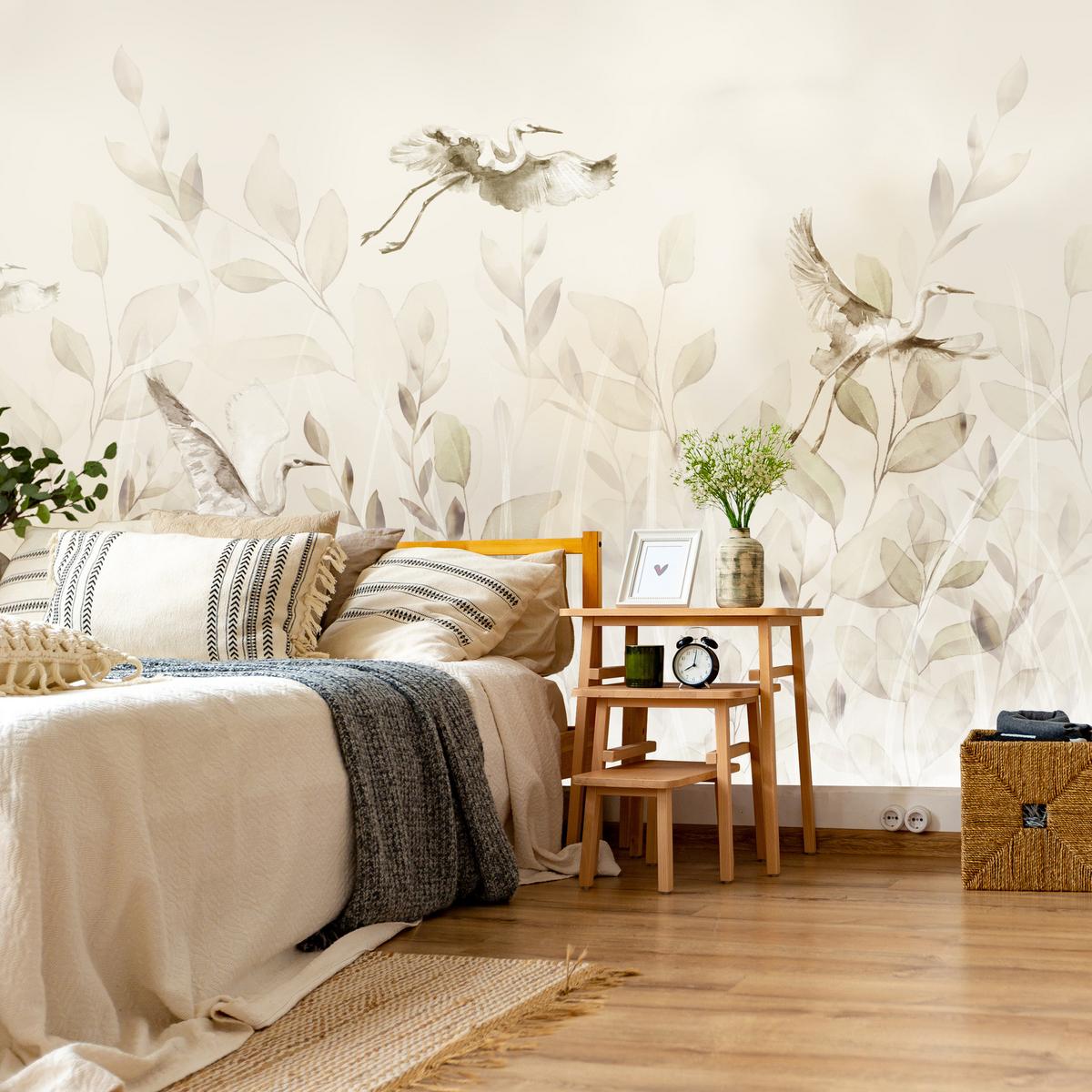 FOTOTAPETE Vögel Blätter Wiese Retro Stil 200x140 - Beige, Papier (200/140cm) - Muralo