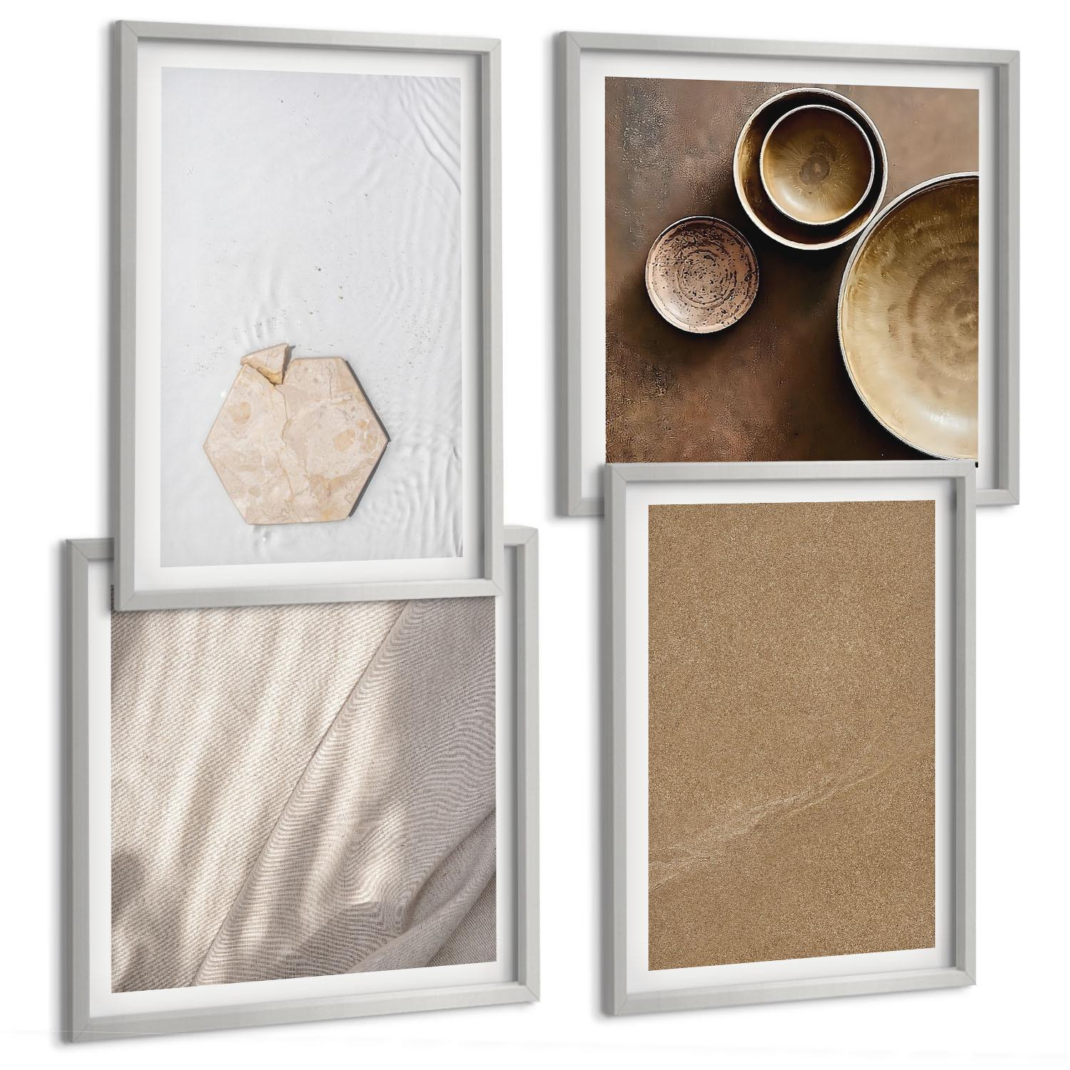 BILDER SET 4er Set - 50x50 cm & 40x60 cm Silberner Rahmen - Minimalistische warme Texturen - Silberfarben, Kunststoff (50/50cm) - TULUP