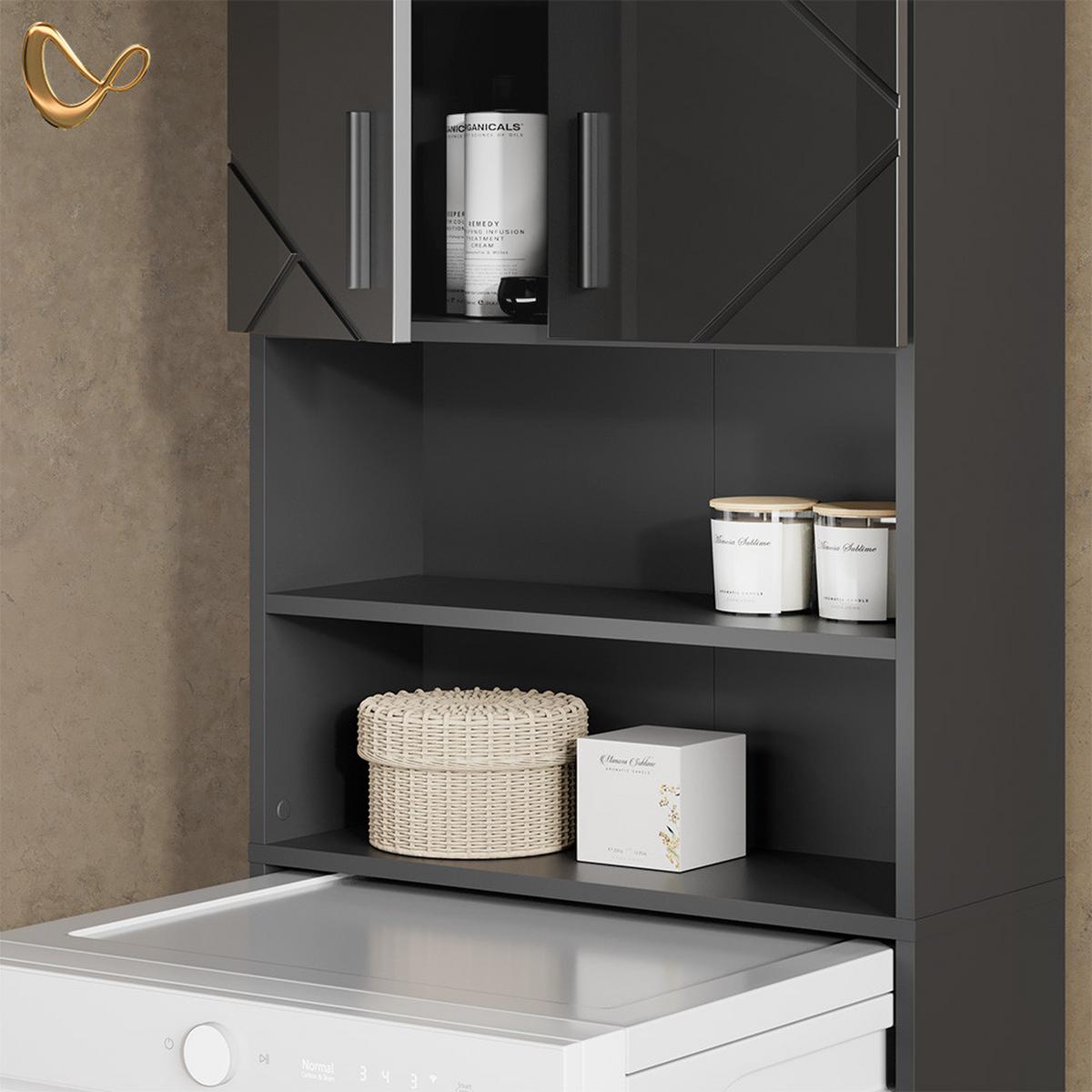WASCHMASCHINENSCHRANK Ronco Anthrazit Hochglanz 64 x 190.5 cm - Schwarz Hochglanz, Holzwerkstoff (64/190.5/26cm) - Livinity®