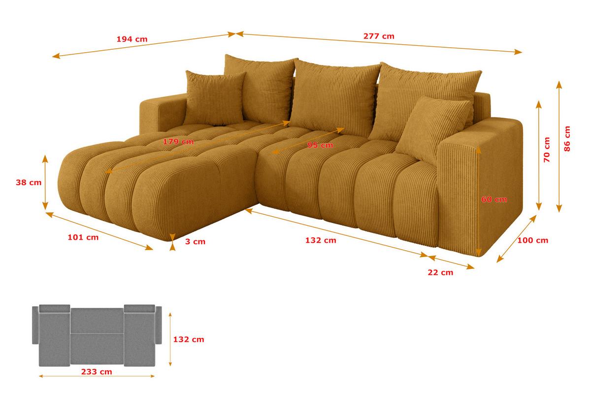ECKSOFA mit Schlaffunktion Ottomane Links MILA-L-v1 277x195x86 Senfgelb Cord - Dunkelgelb/Schwarz, Holzwerkstoff/Kunststoff (277/194cm) - ALTDECOR