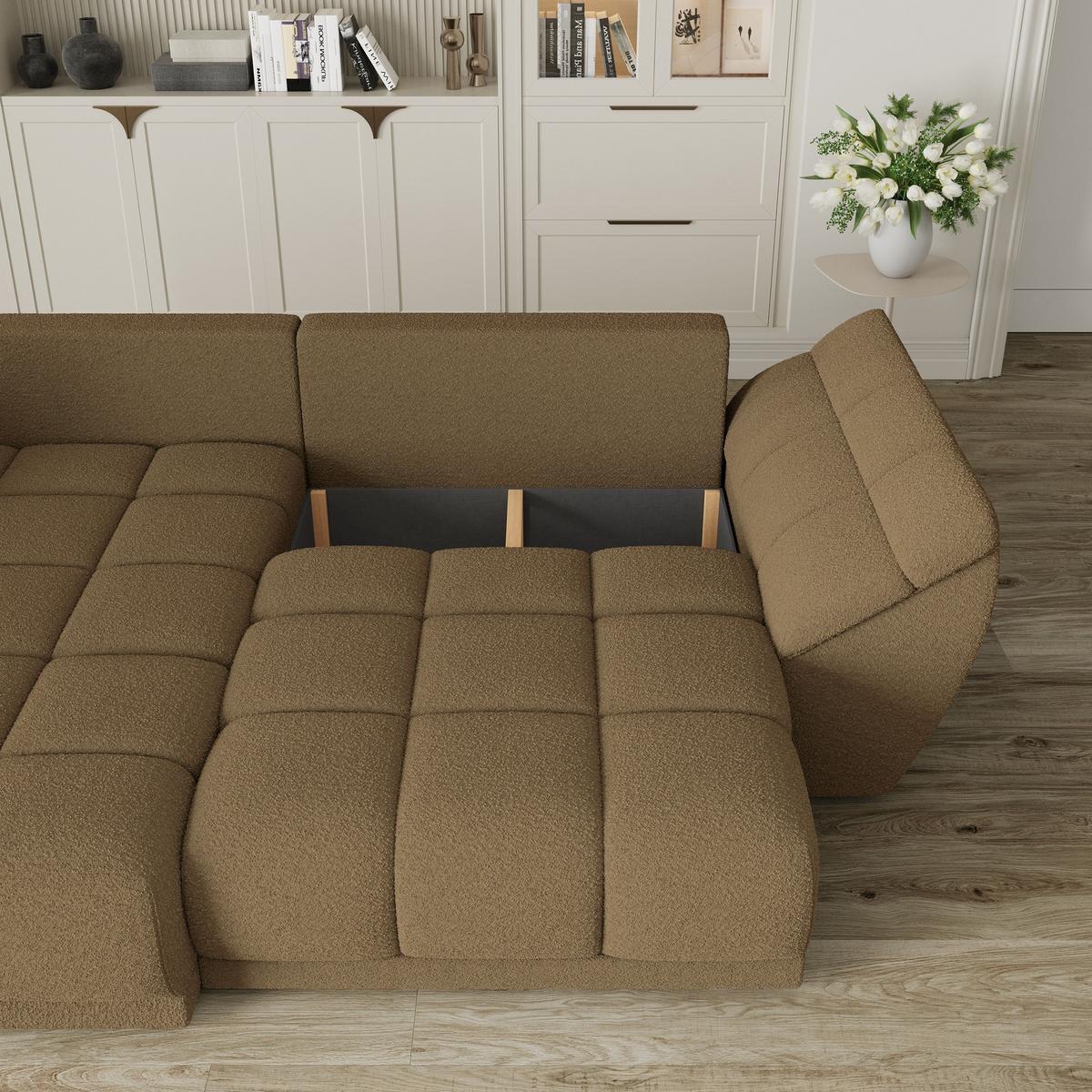 ECKSOFA ORENTI L-S Orange Boucle-Stoff mit Schlaffunktion - Orange, Holz (287/182cm) - MASSENO