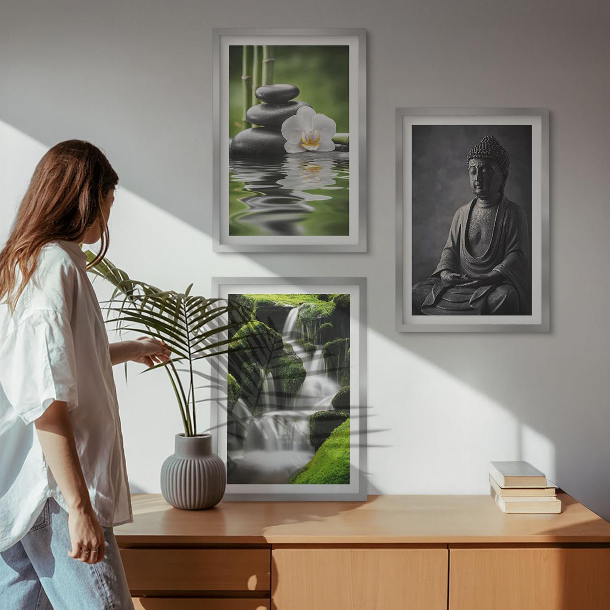 BILDER SET 3er Set - 40x60 cm Silberner Rahmen - Entspannende Zen-Wassermalerei - Silberfarben, Kunststoff (40/60cm) - TULUP