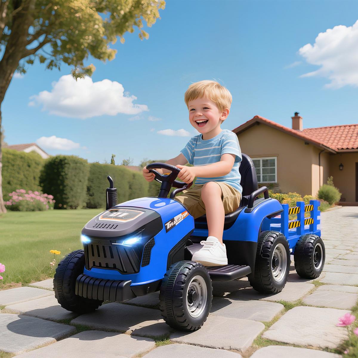 KINDER-ELEKTROTRAKTOR 3-Gang mit Anhänger, 2 Motor, für 3-8 Jahre, Blau - Blau, Metall (139/58/55cm) - AIYAPLAY