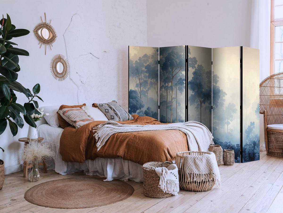 PARAVENT 5-tlg 225x172 cm Blauer Wald im Nebel - Blau, Holz/Textil (225/172/3cm) - Muralo