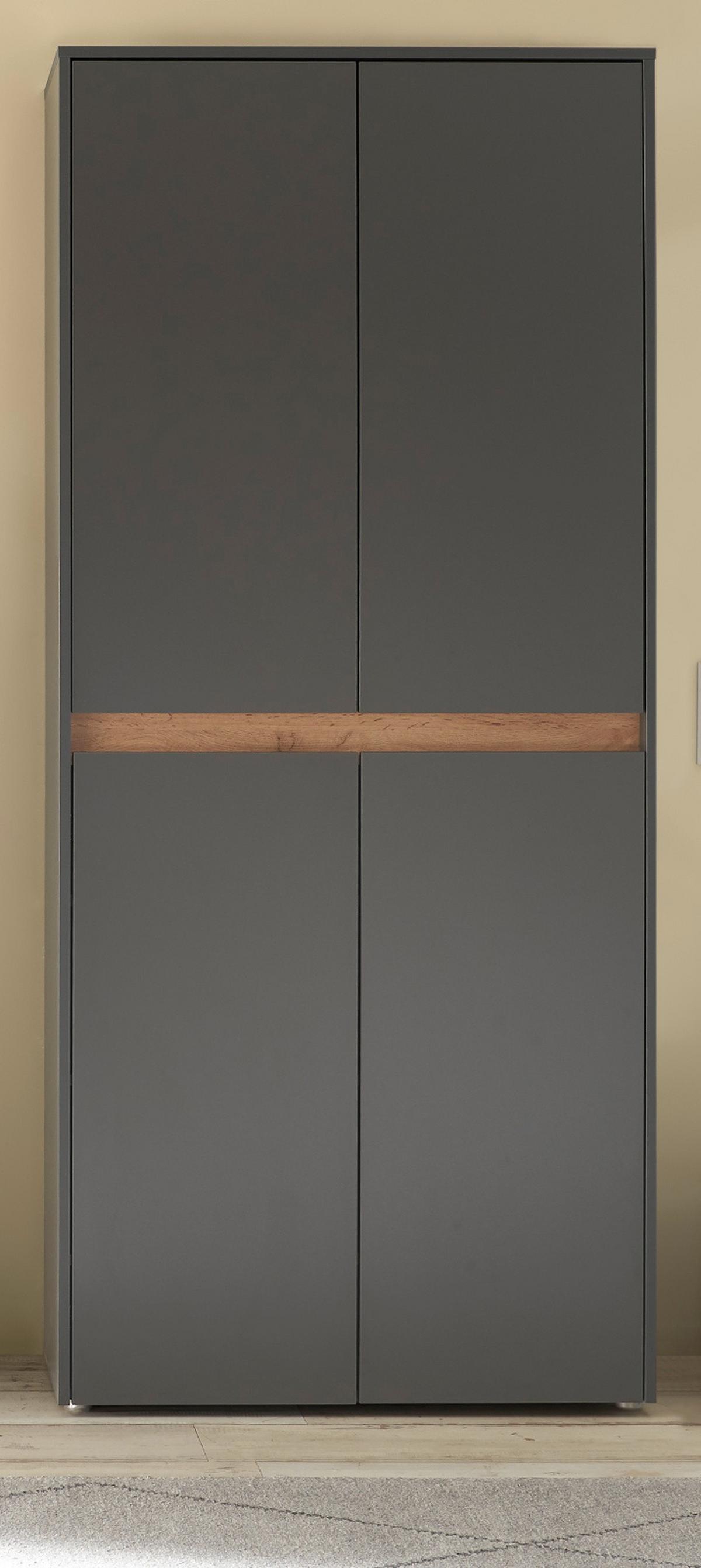 SCHUHSCHRANK grau matt, Eiche Wotan 85 x 195 cm, Flurschrank 4-türig - Eiche Wotan/Schwarz, Holzwerkstoff/Kunststoff (85/195/35cm) - Furn.Design