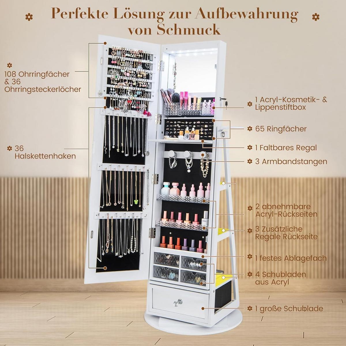 SCHMUCKSCHRANK 164cm Weiß - Weiß, Holz (56/164/37cm) - COSTWAY