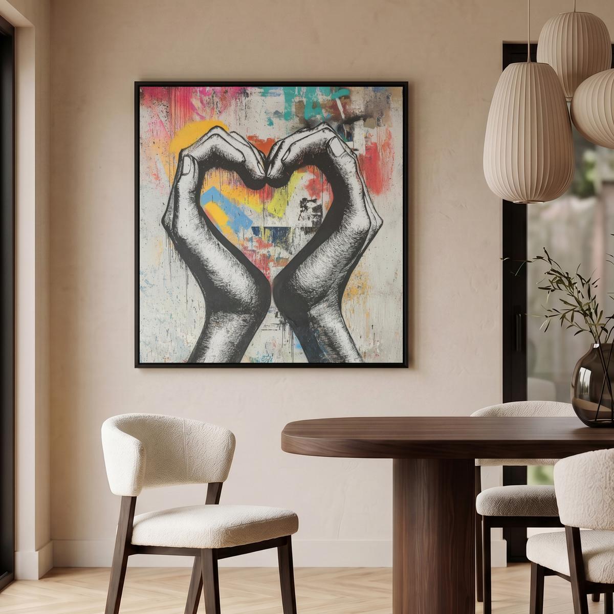 LEINWAND Bilder mit Rahmen - Hände - Herz - Straßenkunst - Graffiti - 90x90 - Multicolor, Textil (90/90cm) - MuchoWow