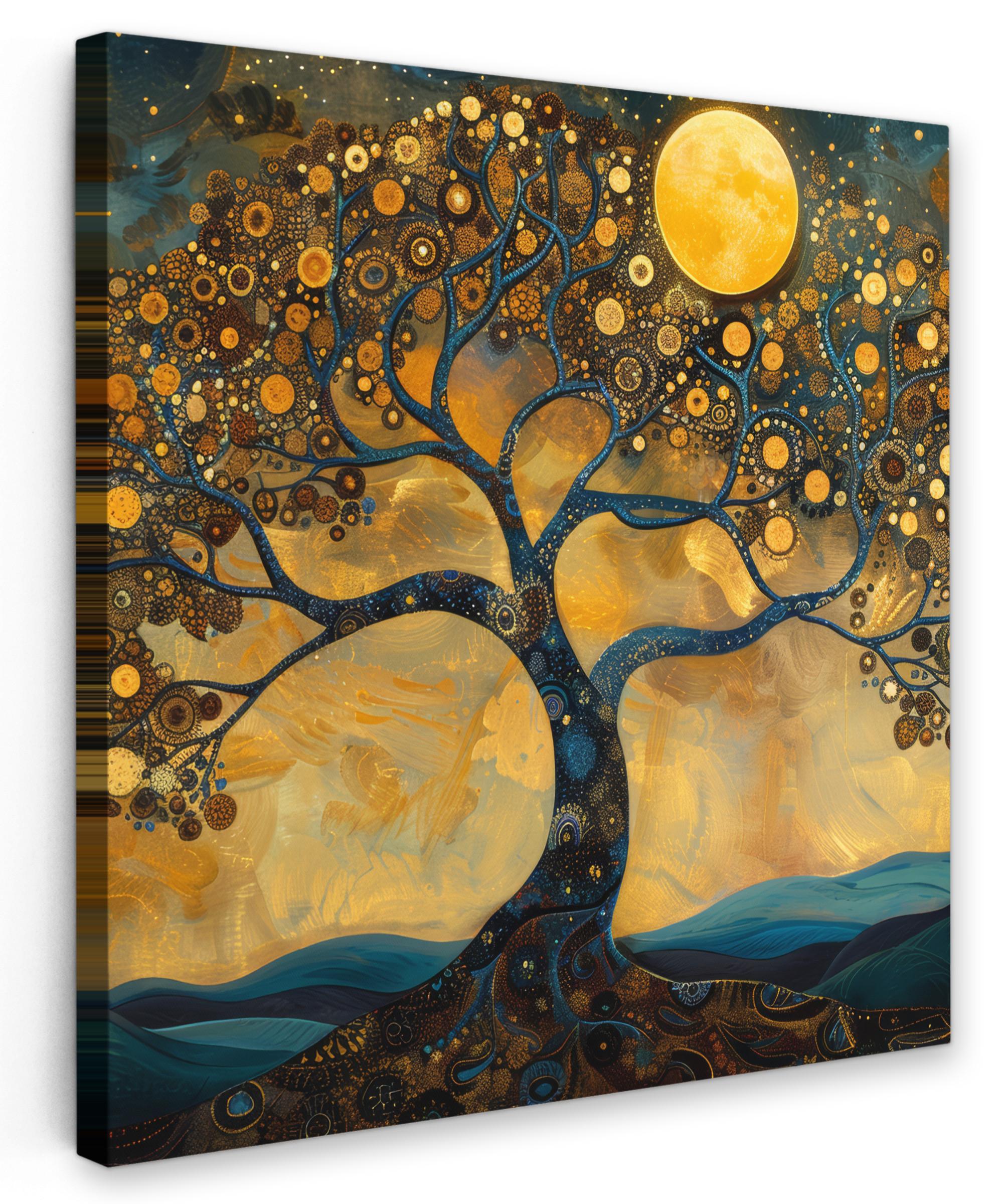 LEINWANDBILD Baum - Mond - Blumen - Gold - Kunst Deko Wohnzimmer 20x20 cm - Orange, Textil (20/20cm) - MuchoWow
