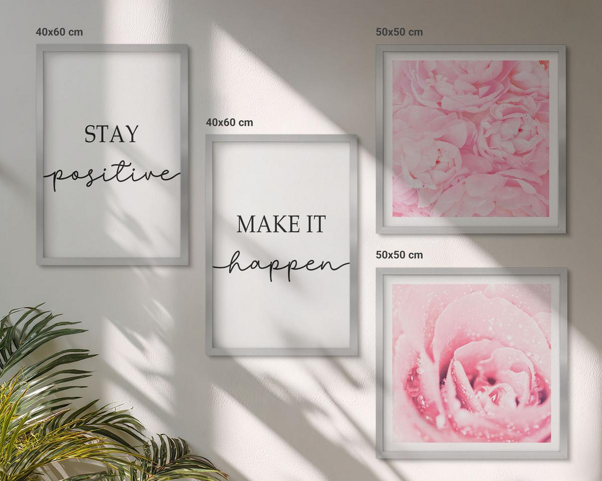 BILDER SET 4er Set - 50x50 cm & 40x60 cm Silberner Rahmen - Minimalistische rosa Blüten - Silberfarben, Kunststoff (50/50cm) - TULUP