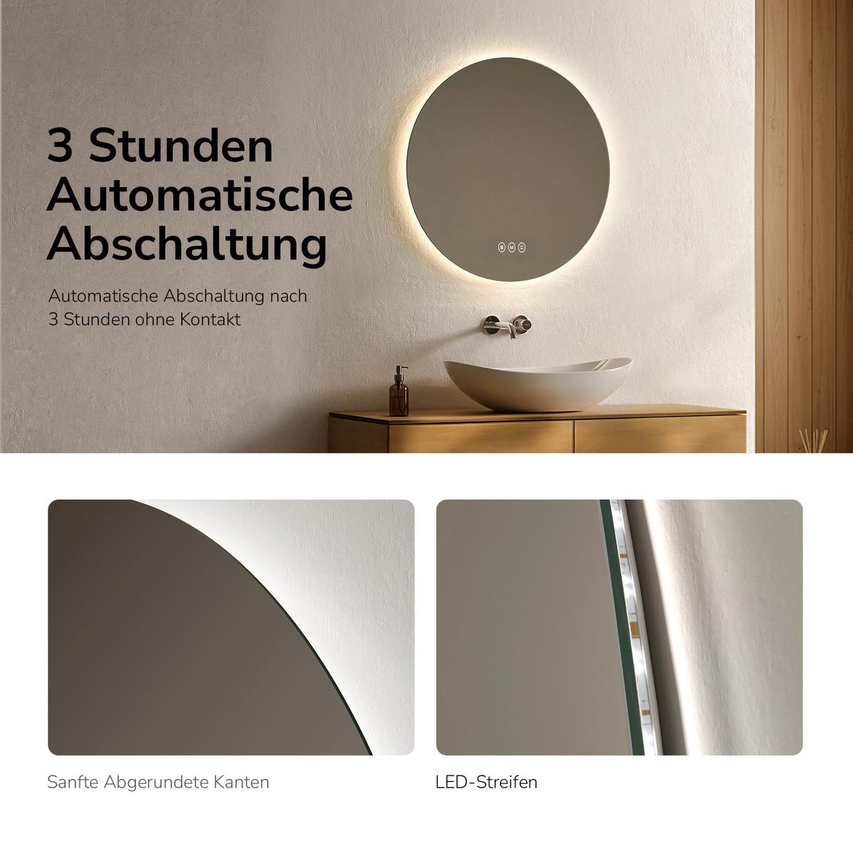 BADSPIEGEL Rund mit Beleuchtung Rahmenlos, 3 Lichtfarben, beschlagfrei, Ø 50 cm - Transparent, Glas (50/50/3cm) - EMKE