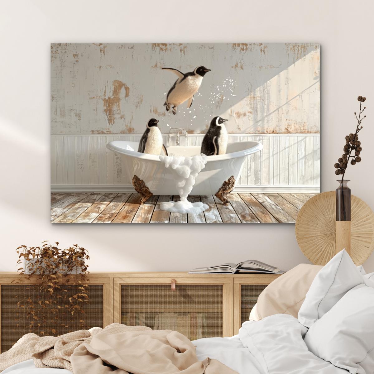 METALLBILD Vintage - Pinguin - Badewanne - Schaumstoff Wanddeko 90x60 cm - Schwarz, Metall (90/60cm) - MuchoWow