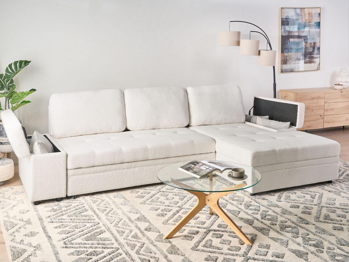 ECKSCHLAFSOFA 3-Sitzer Bouclé Weiß mit Stauraum linksseitig Hrisey - Weiß, Textil (293/161cm) - Beliani