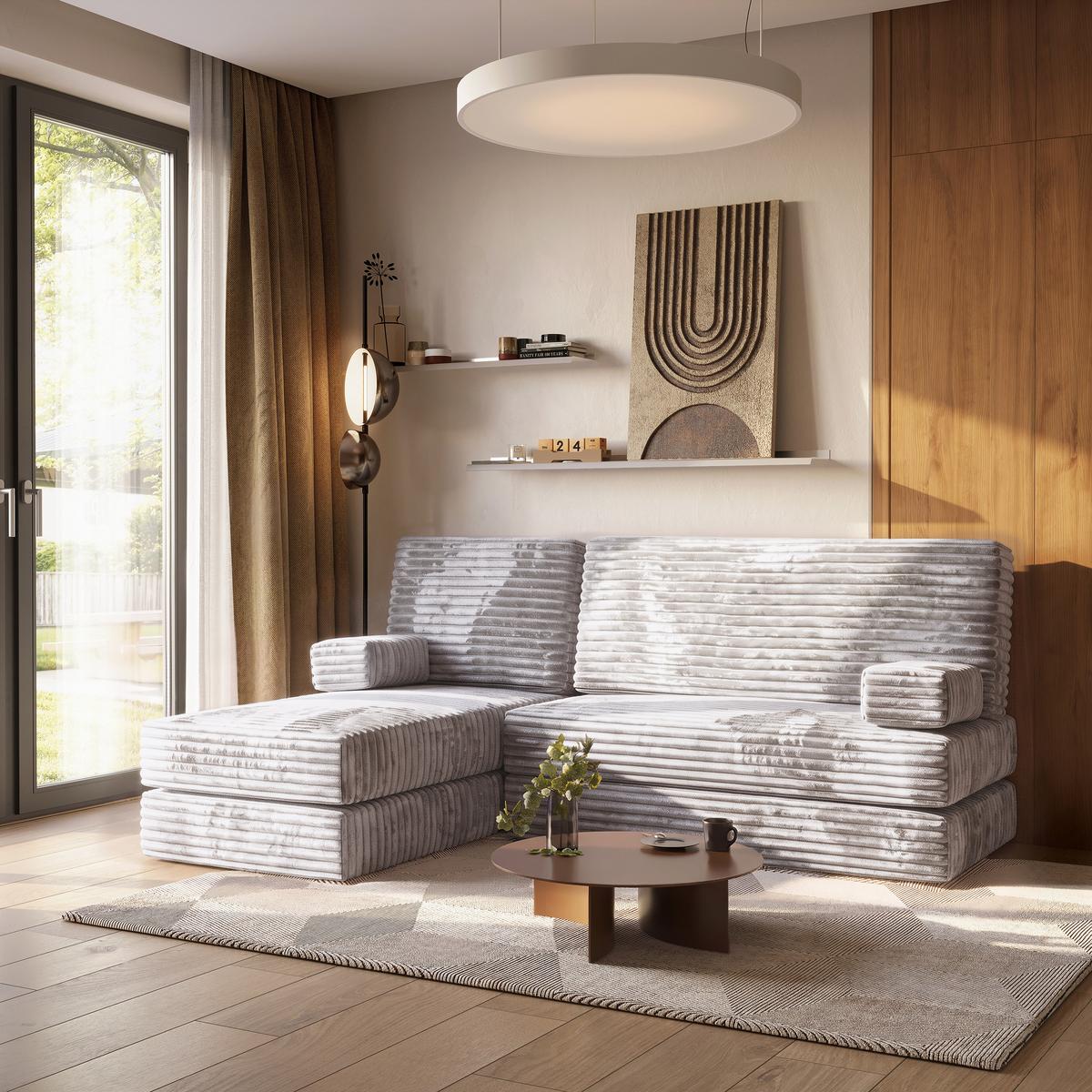 ECKSOFA NOTIA modulares Boneless Sofa mit Schlaffunktion Hellgrau Kordstoff - Grau, Textil (200/120cm) - MASSENO
