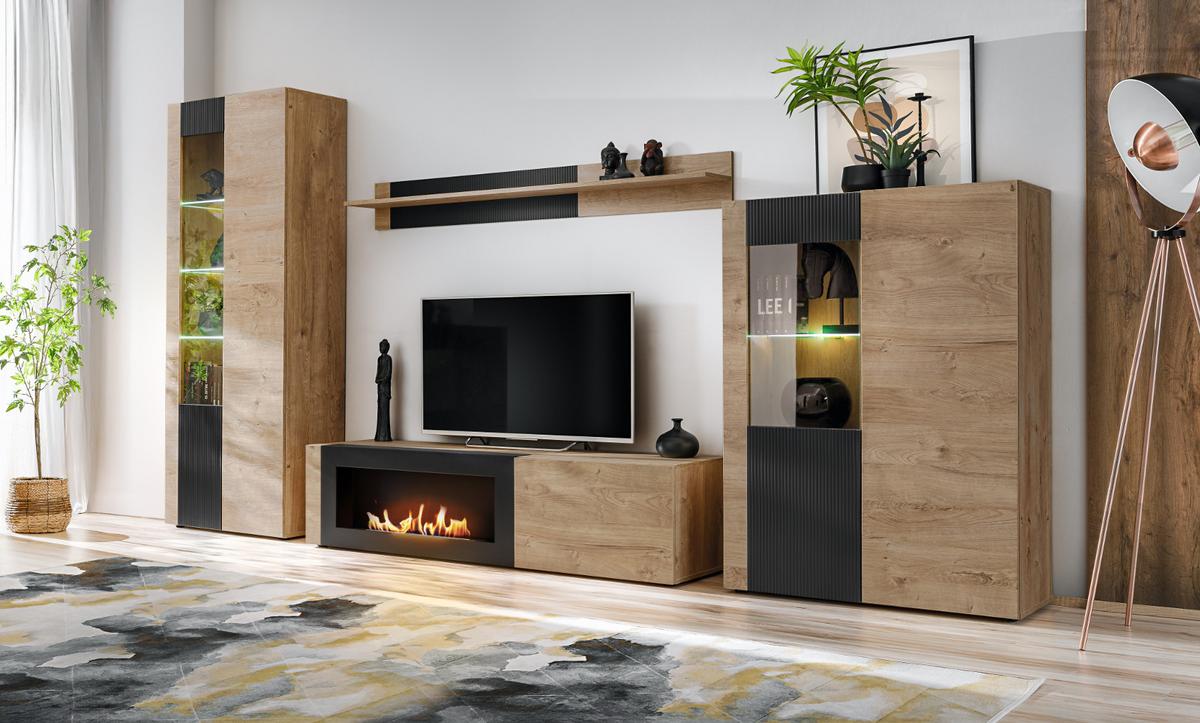 VITRINE Eiche, schwarz 90 x 120 cm, Highboard inklusive LED-Beleuchtung - Eichefarben/Schwarz, Glas/Holzwerkstoff (90/40/120cm) - Inn.Furn