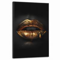LEINWAND Bilder mit Rahmen - Frau - Porträt - Lippen - Gold - Schwarz - 60x90 - Schwarz, Textil (60/90cm) - MuchoWow