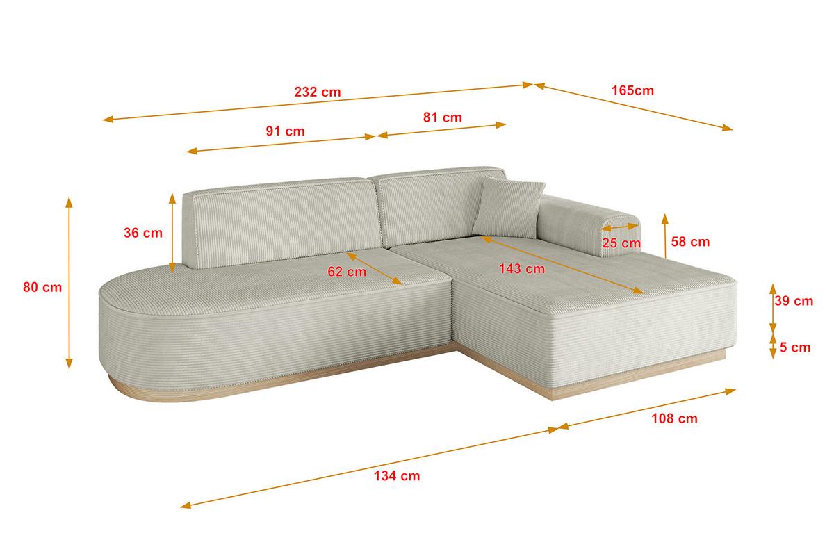 ECKSOFA Ottomane Rechts IREA-L1 - 232x165x80 cm Creme - Ecru/Creme, Holzwerkstoff/Textil (232/165cm) - ALTDECOR
