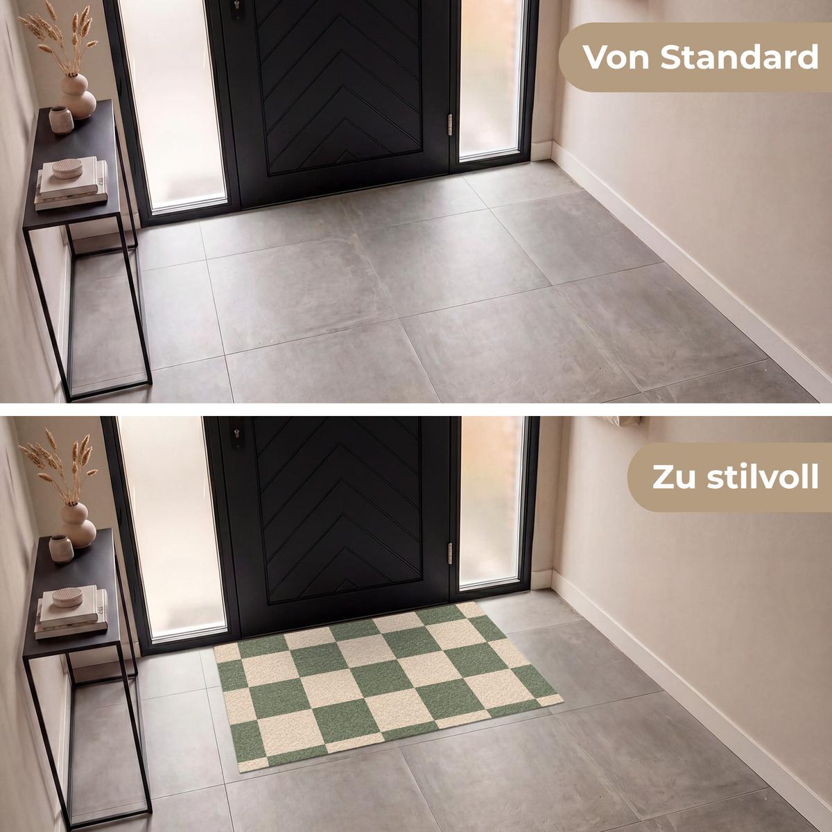 FUSSMATTE Schachbrettmuster - Grün - Beige - Blöcke Flurteppich 120x80 cm - Olivgrün, Kunststoff (120/0.4cm) - MuchoWow