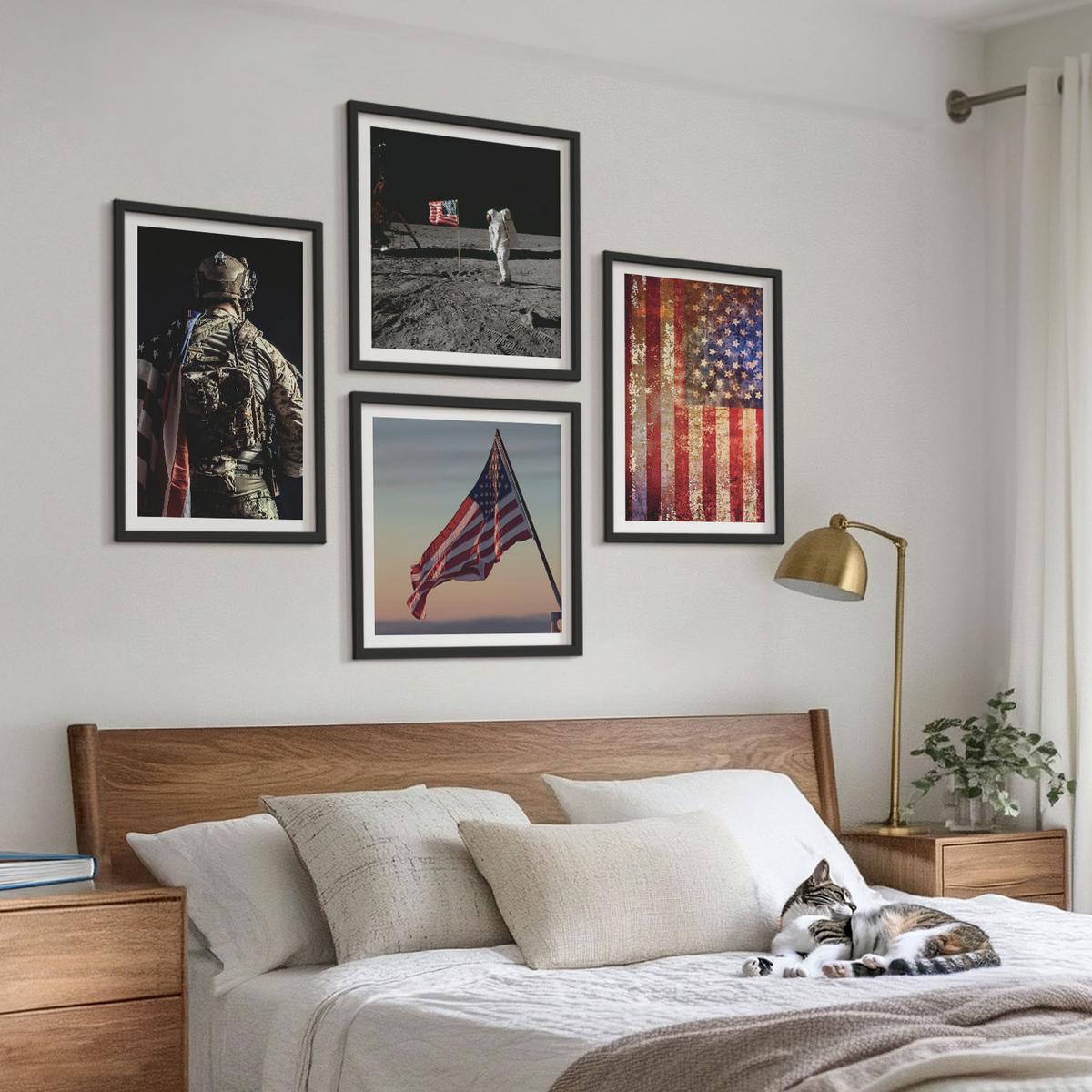 BILDER SET 4er Set - 50x50 cm & 40x60 cm Schwarzer Rahmen - Amerikanische Symbole, USA-Flagge - Schwarz, Kunststoff (50/50cm) - TULUP