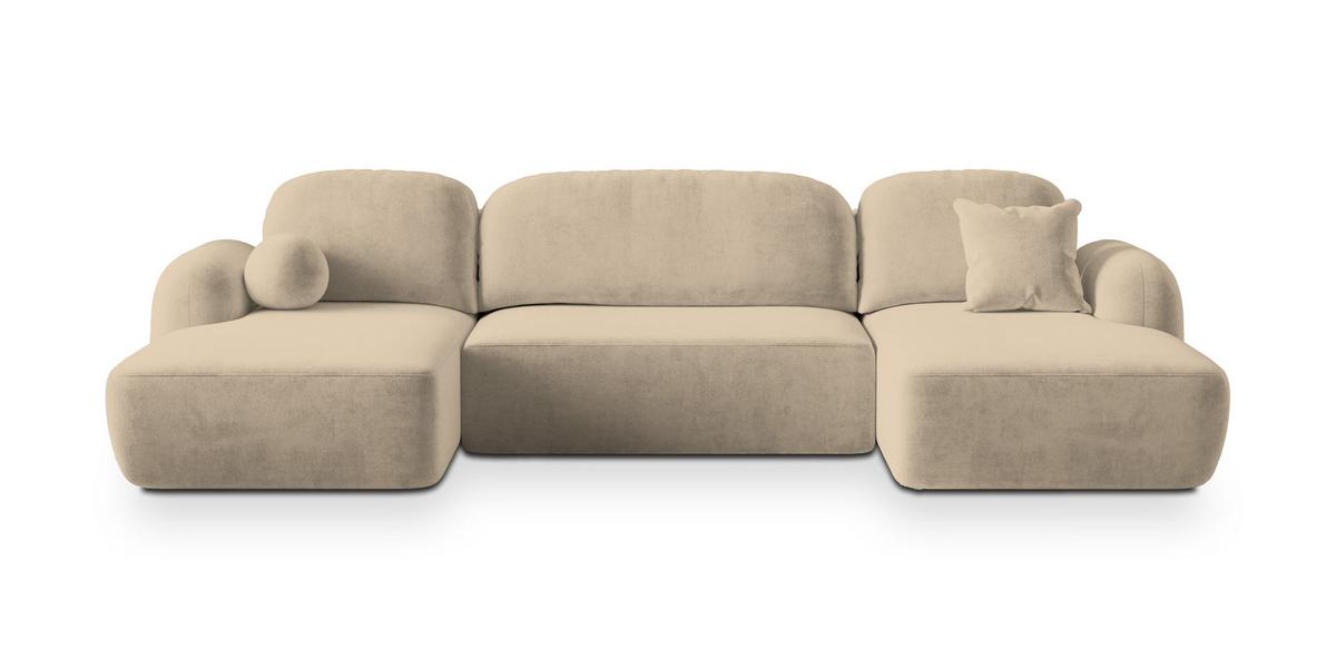 WOHNLANDSCHAFT SAVONA K Beige Plüsch-Stoff mit Schlaffunktion - Beige/Schwarz, Holz/Kunststoff (320/90/148cm) - MASSENO