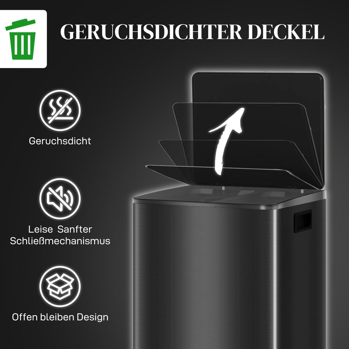 MÜLLEIMER 30l Edelstahl Kunststoff Schwarz - Schwarz, Metall (37.5/66.8/47.7cm) - HOMCOM