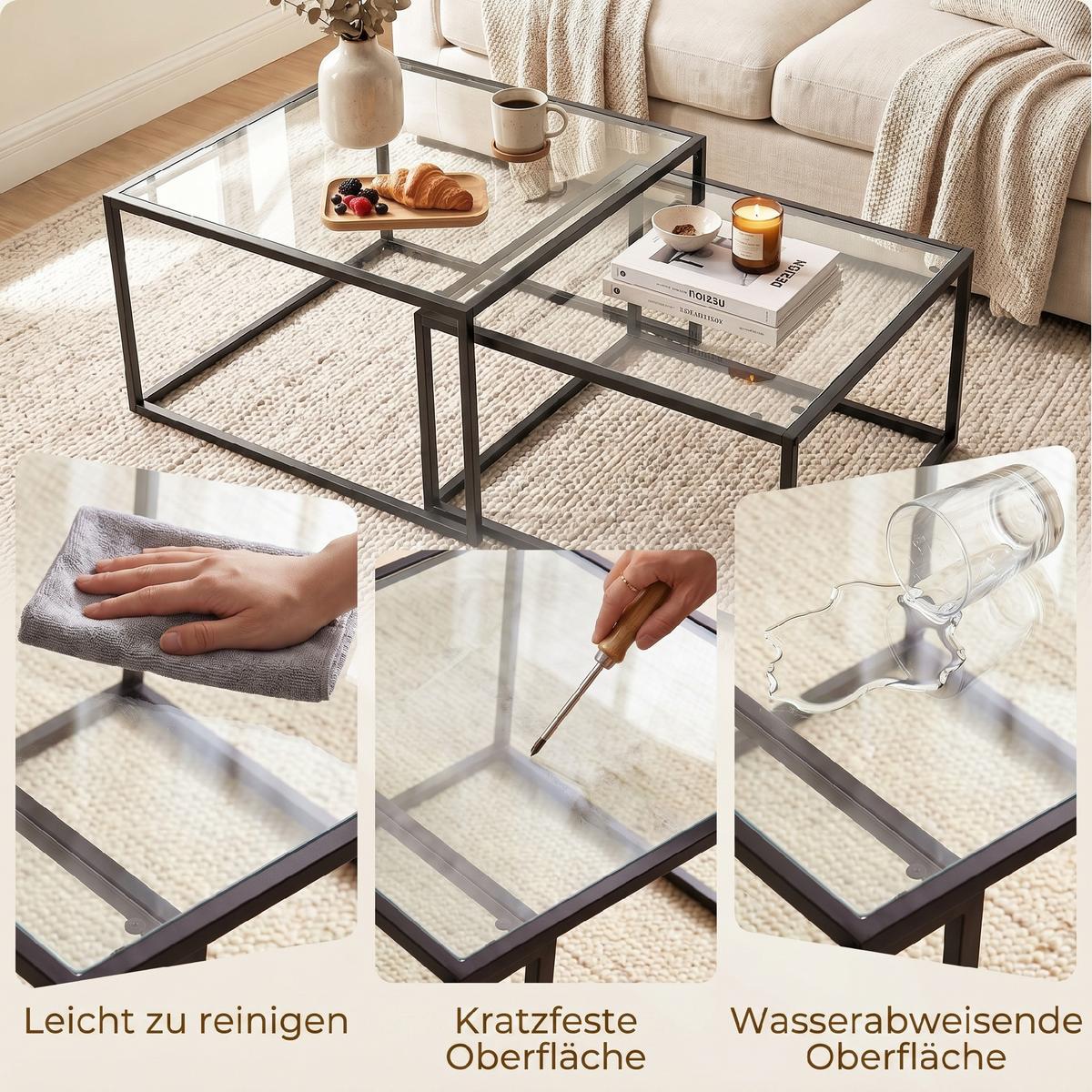 COUCHTISCHE 2er Set Gehärtetes Glas Metall Schwarz - Schwarz, Glas/Metall (75/75/42cm) - HOMCOM