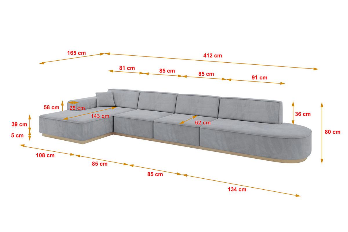 ECKSOFA Ottomane Links IREA-L3 - 412x165x80 cm Grau - Titanfarben, Holzwerkstoff/Textil (412/165cm) - ALTDECOR