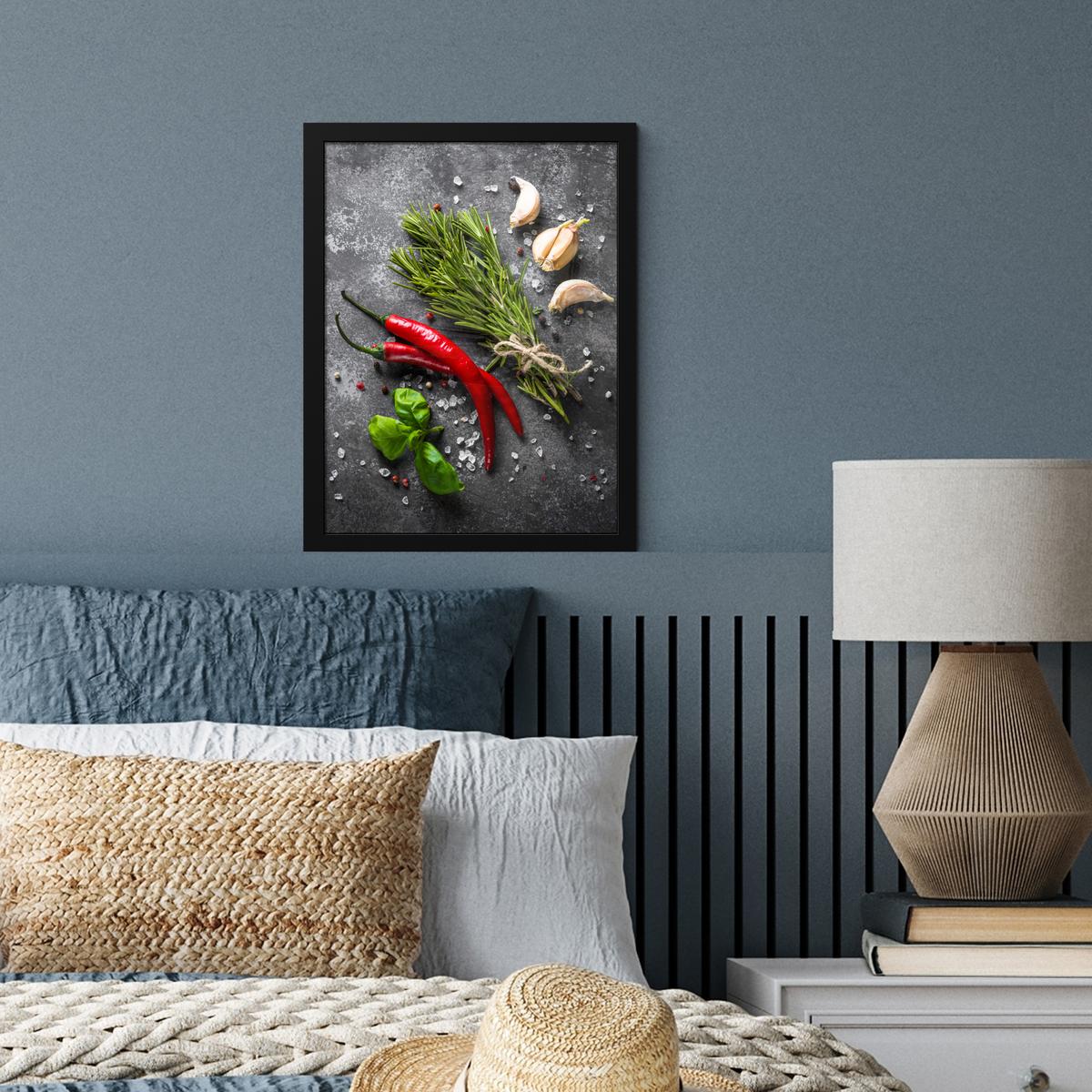 POSTER MIT RAHMEN Pfeffer - Kräuter - Gewürze - Beton Bilderrahmen 30x40 cm - Dunkelgrau, Papier (30/40cm) - MuchoWow