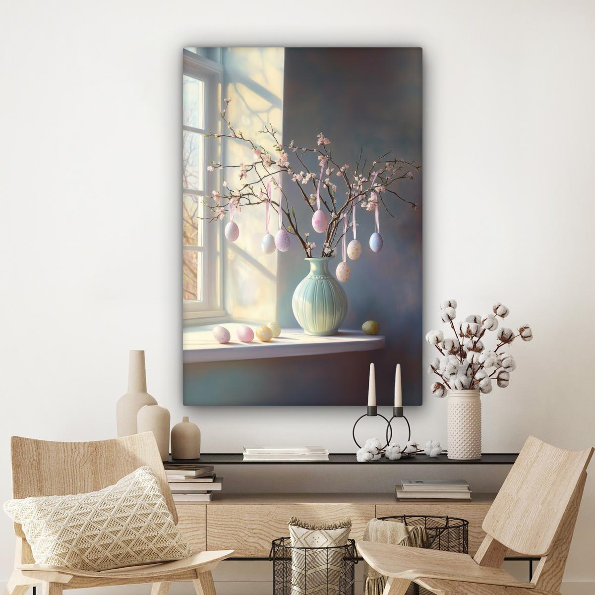 LEINWANDBILD Stillleben - Vase - Osterzweig Deko XXL 80x120 cm - Hellblau, Textil (80/120cm) - MuchoWow