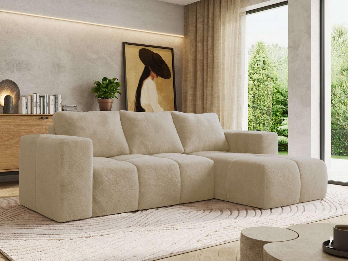 ECKSOFA MONIVA Creme Plüsch - Rechts - Creme/Schwarz, Kunststoff/Textil (266/164cm) - MKS