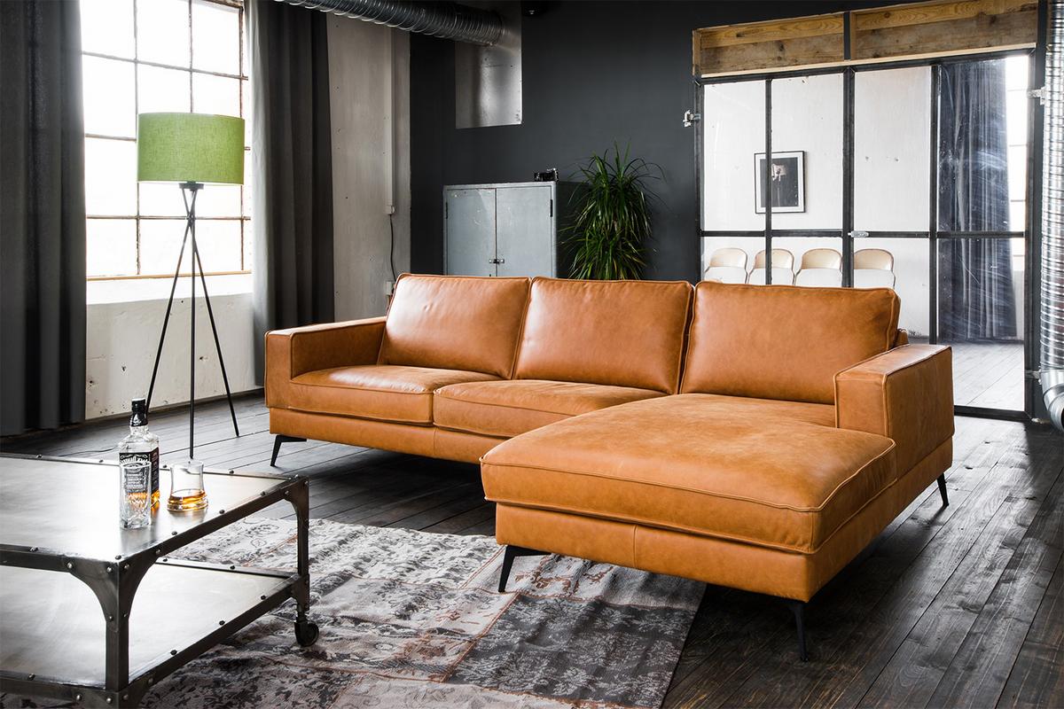 ECKSOFA BLOOM Braun Leder - Schwarz/Braun, Leder/Metall (276/177cm) - KAWOLA
