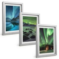 BILDER SET 3er Set - 20x30 cm Silberner Rahmen - Winterlandschaften, Nordlichter, Berge - Silberfarben, Kunststoff (20/30cm) - TULUP