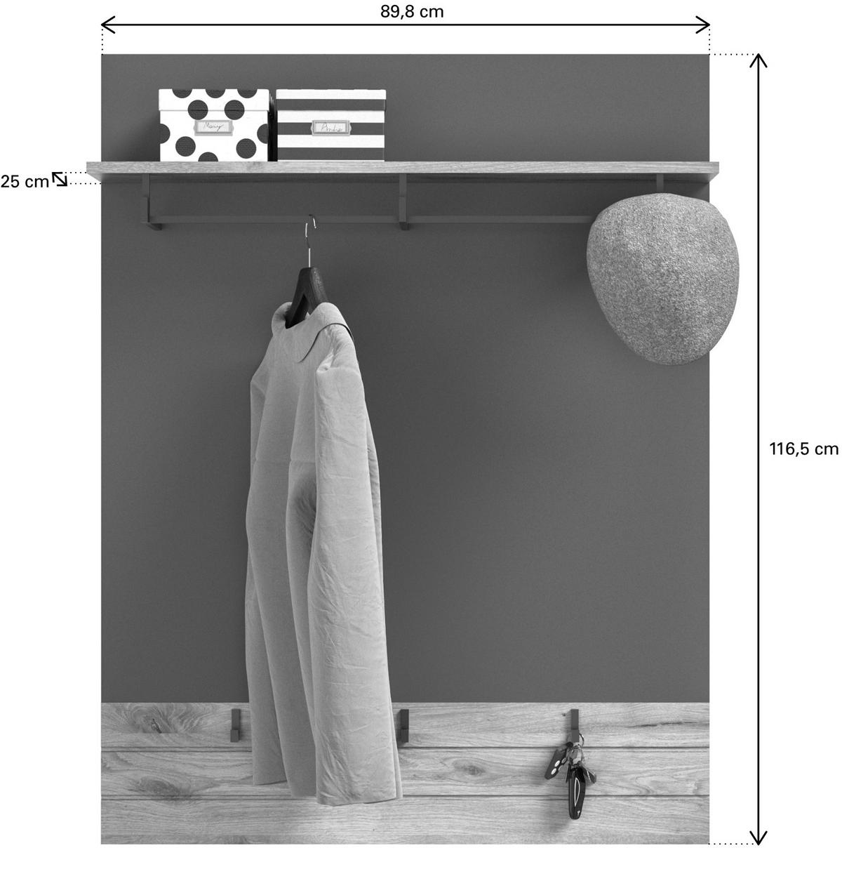 GARDEROBENPANEEL Eiche, grau 90 cm mit Kleiderhaken - Eichefarben, Holzwerkstoff (90/117/25cm) - Inn.Furn