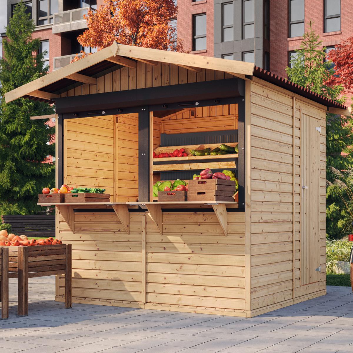 MARKTBUDE Holz M149Z Gartenhaus, Marktbude Holz - 253x263/4m2 - Beige, Holz (253/232/263cm) - Timbela