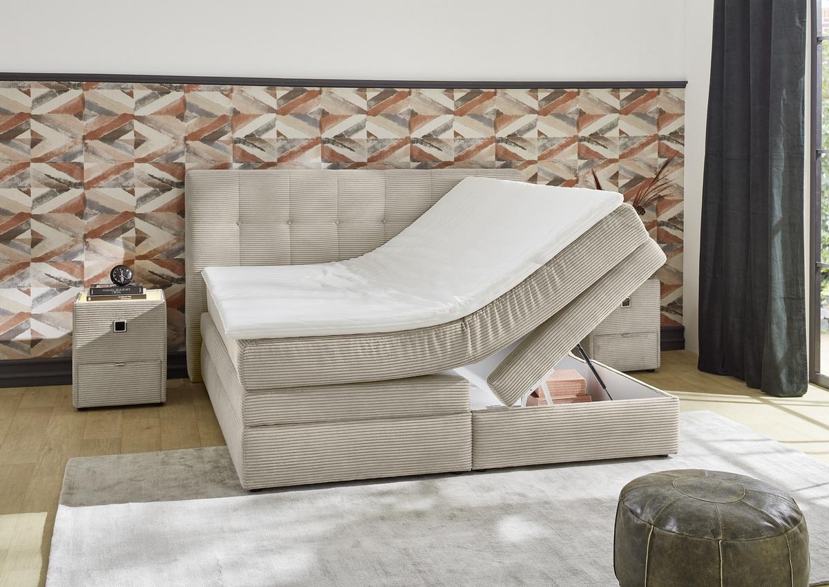 BOXSPRINGBETT 180x200 cm, 7-Zonen-Tonnentaschen-Federkernmatratzen H3, Topper, Bonell-Federkern, 2 Bettkästen, Cord Beige Grau / 20039 - Greige/Schwarz, Kunststoff/Textil (180/200cm) - luma-home