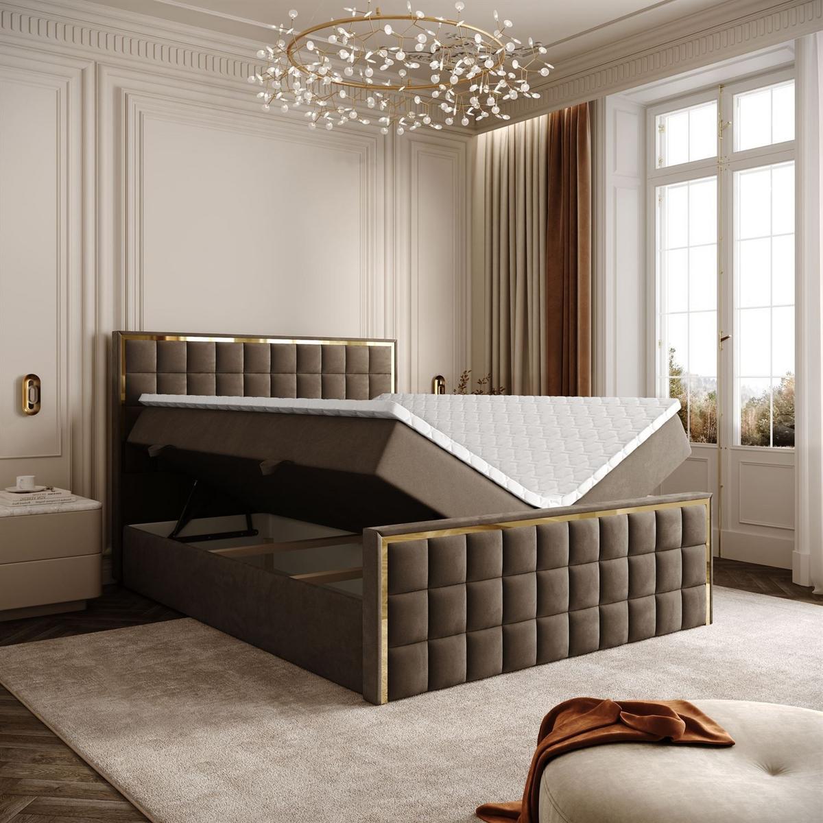 BOXSPRINGBETT ISADORA II GOLD mit Bettkasten und Topper 140x200 cm Royal Velvet 196 - Braun, Textil - Lookway