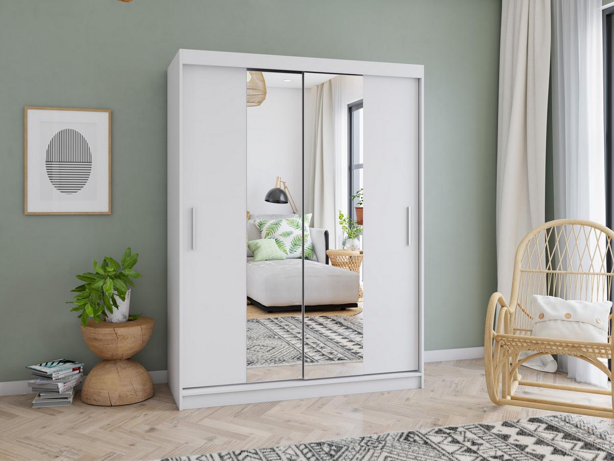 SCHWEBETÜRENSCHRANK Vista 01 Weiß/Weiß + Spiegel, ohne LED Beleuchtung 150 cm - Alufarben/Weiß, Glas/Holzwerkstoff (150/200/61cm) - imoebel24