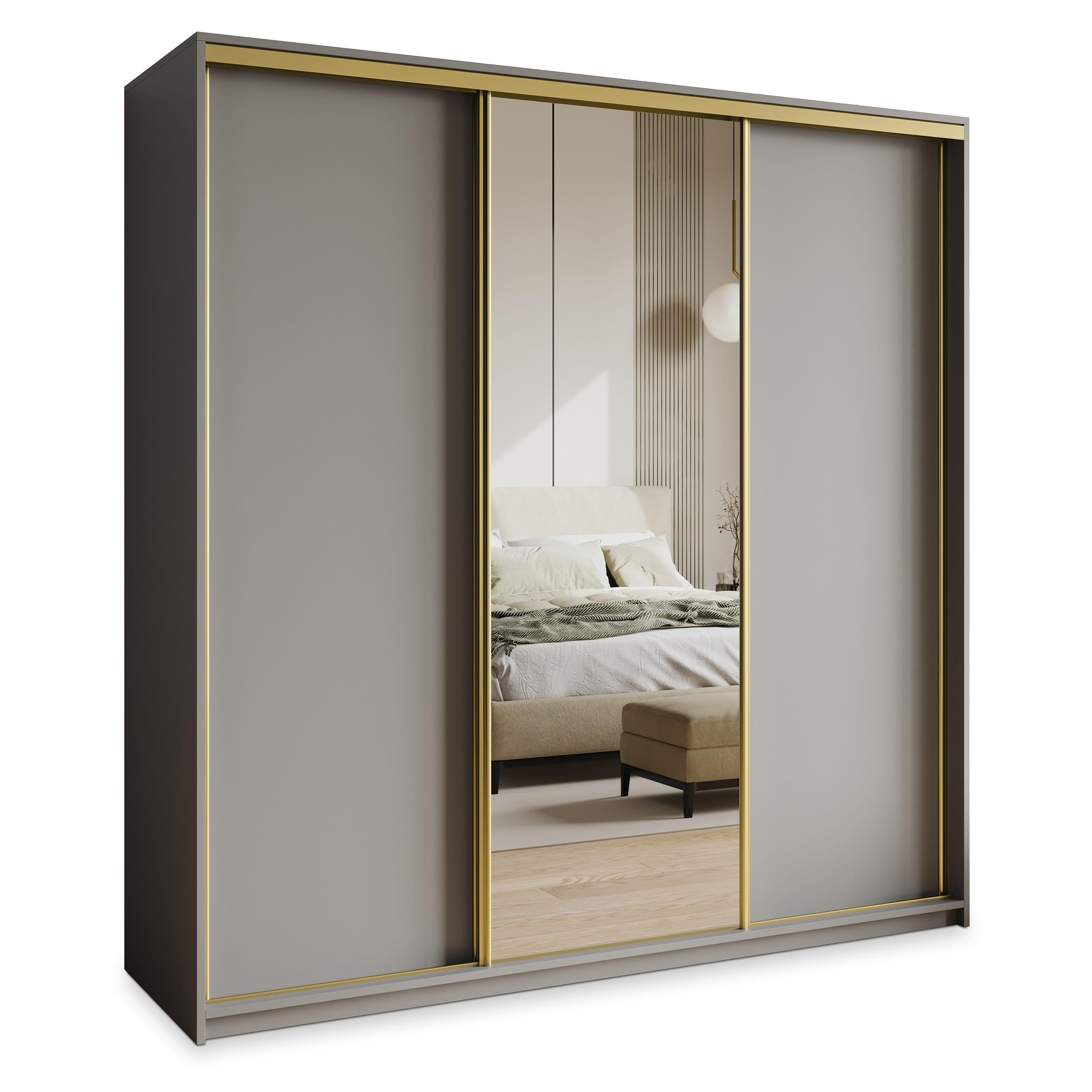 SCHWEBETÜRENSCHRANK TAVI 180/205/60 cm 3-türig mit Spiegel und Schubladen Graphitfarben - Goldfarben/Graphitfarben, Holzwerkstoff (180/205/60cm) - MASSENO