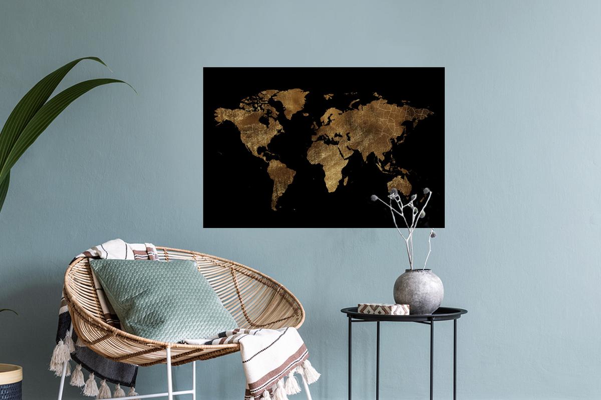 WANDTATTOO Weltkarte - Gold - Luxus - Erde - Schwarz Deko Wohnzimmer 60x40 cm - Goldfarben, Kunststoff (60/40/0.1cm) - MuchoWow