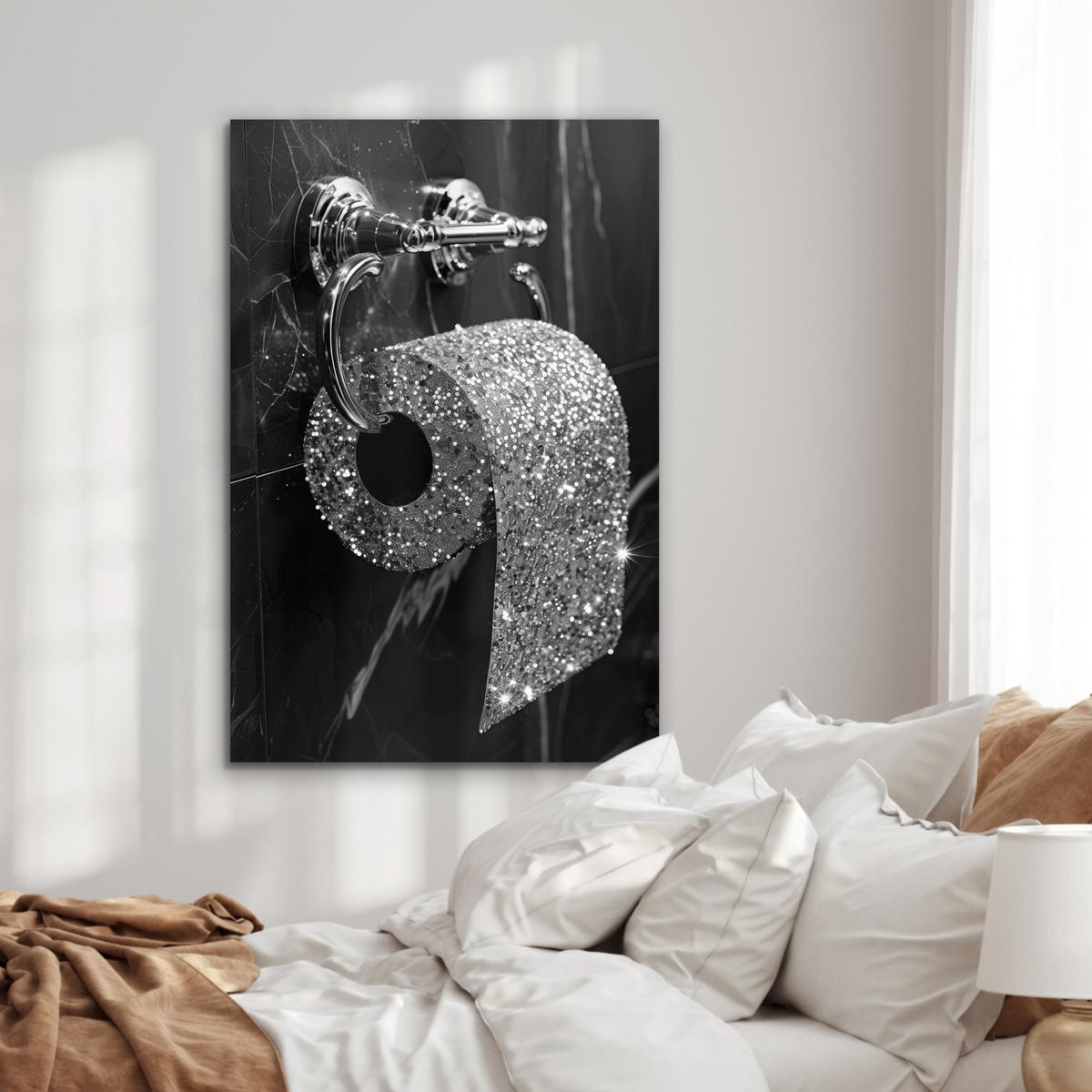 METALLBILD WC - Toilettenpapier - Schwarz und weiß - Glitter 80x120 cm - Silberfarben, Metall (80/120cm) - MuchoWow