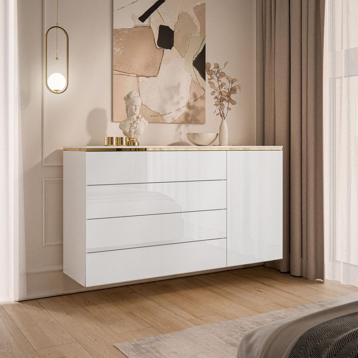 KOMMODE HÄNGENDE AURORA 4S1D Weiß / Weiß hochglanz - Weiß Hochglanz, Holzwerkstoff (140/76/40cm) - Lookway