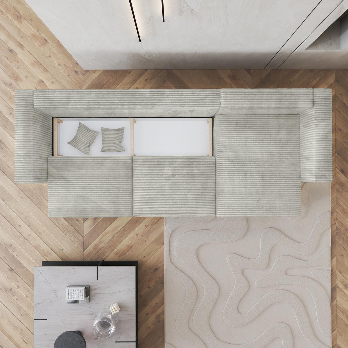 ECKSOFA TOLMO Hellgrau Kordstoff mit Schlaffunktion - Hellgrau/Grau, Holz/Kunststoff (347/148cm) - MASSENO