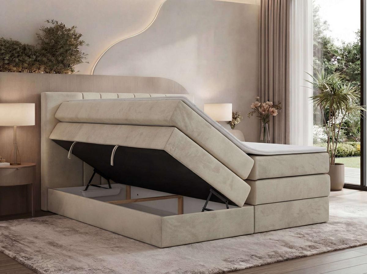 BOXSPRINGBETT INERO KING 140/200 - Beige Velvet - Topper T25 - H3 - Beige/Schwarz, Kunststoff/Textil (140/200cm) - MKS