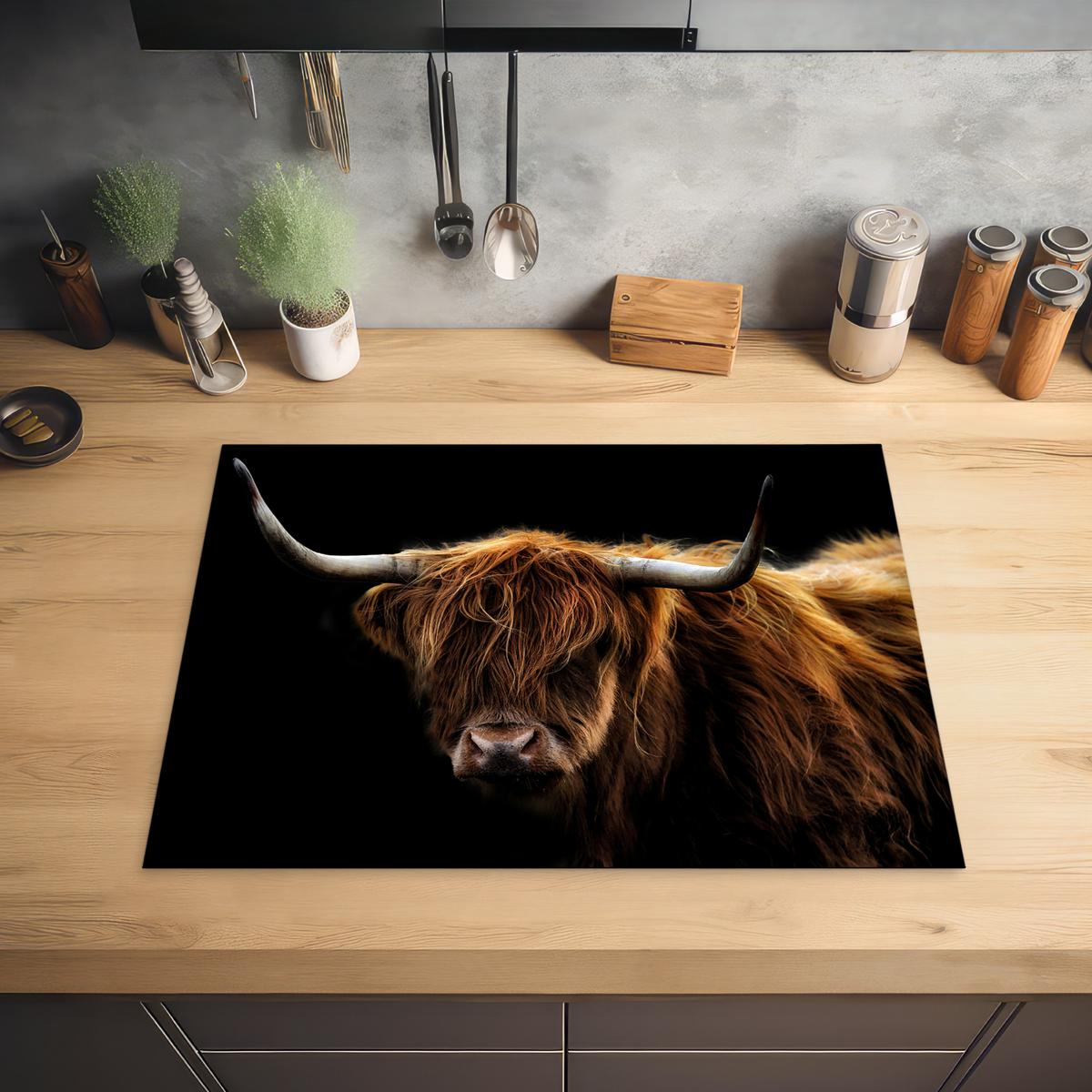 HERDABDECKPLATTE Schottischer Highlander - Hörner - Schwarz - Tiere - Natur - Wild - Kuh Herdabdeckung Induktionsfeld 70x52 cm - Cognac, Kunststoff (70/52/0.2cm) - MuchoWow